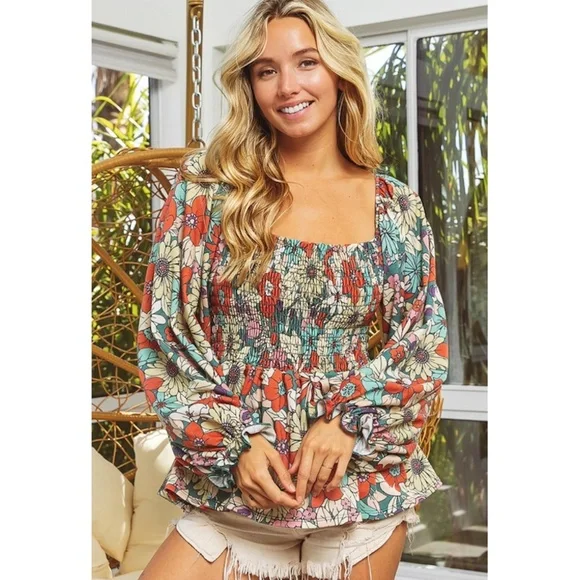 "The Georgia" Mod Floral Puff Sleeve Smocked Peplum Top Small - Picture 6 of 7